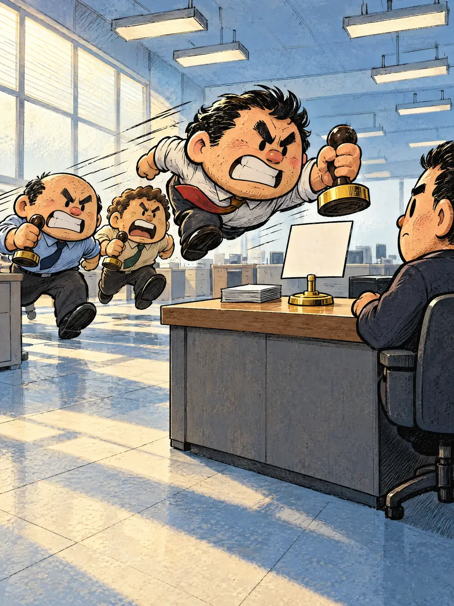 تلات لاعيبة بينطّوا على مكتب الموظف وفي إيدهم أختام